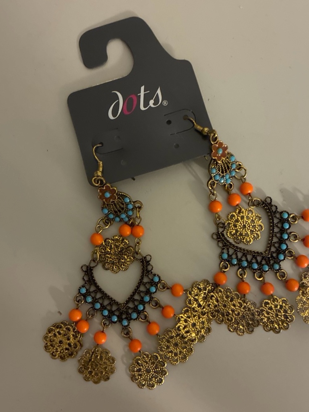 Dots Gold-tone Filigree Heart Chandelier Earrings with Orange & Turquoise Beads